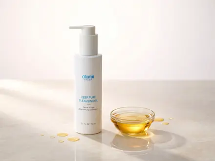 Deep Pure Cleansing Oil: frasco branco ao lado de um recipiente com óleo âmbar.