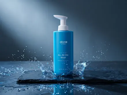 Atomy Homme All-in-One Wash: frasco azul sobre pedra molhada.