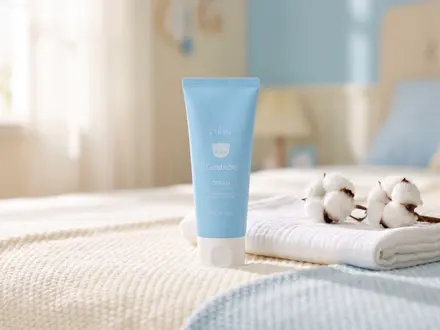 Cerabebe Cream: bisnaga azul-clara sobre enxoval de algodão.