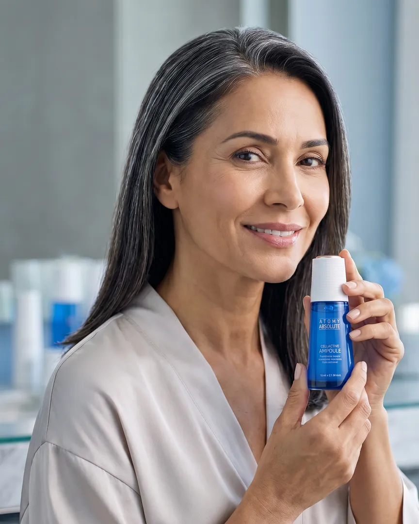 Mulher de cabelo grisalho segura a ampola azul CellActive diante do espelho do banheiro.