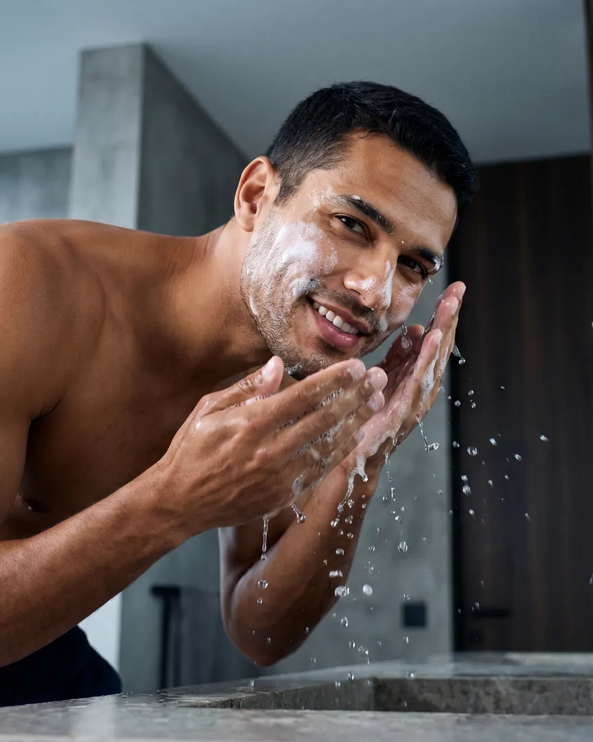 Homem lava o rosto na pia, com o frasco azul Homme ao lado.
